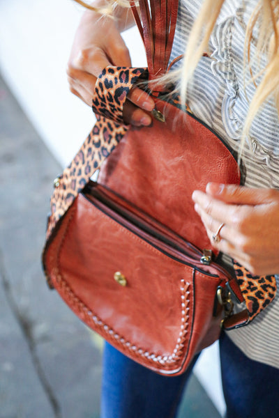 Chestnut Vegan Leather Leopard Strap Tassel Crossbody