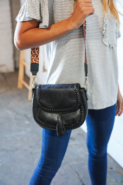 Coal Black Vegan Leather Leopard Strap Tassel Crossbody