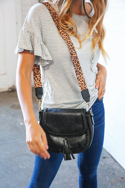 Coal Black Vegan Leather Leopard Strap Tassel Crossbody