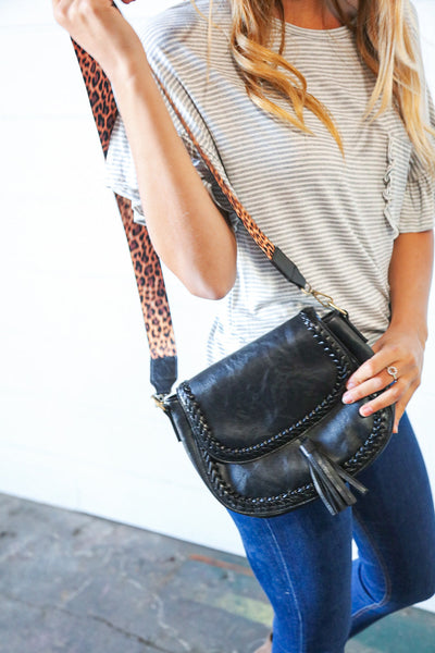 Coal Black Vegan Leather Leopard Strap Tassel Crossbody