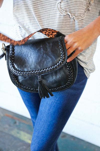 Coal Black Vegan Leather Leopard Strap Tassel Crossbody