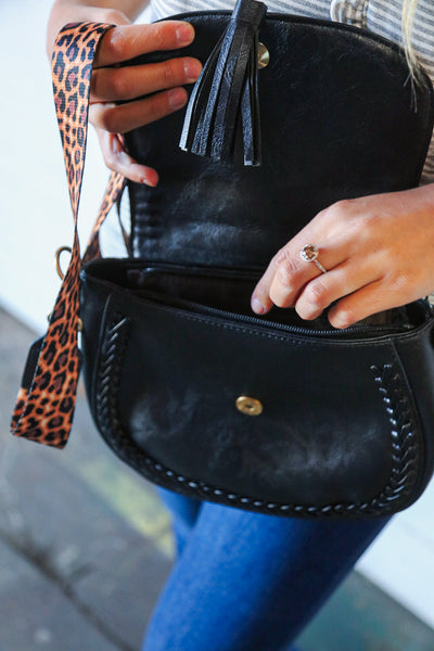 Coal Black Vegan Leather Leopard Strap Tassel Crossbody