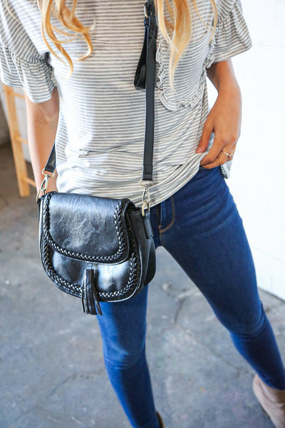 Coal Black Vegan Leather Leopard Strap Tassel Crossbody