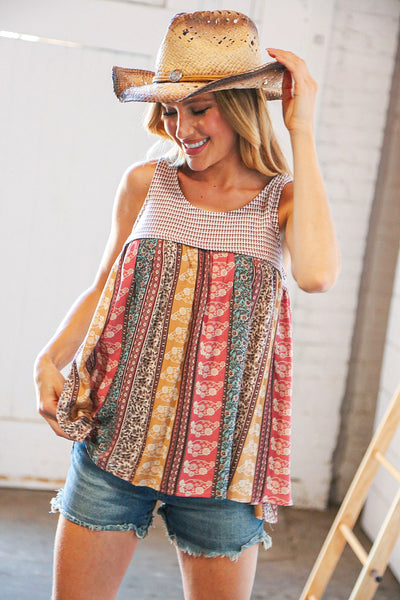 Boho Rayon Two-Tone Baby Doll Back Tie Tank