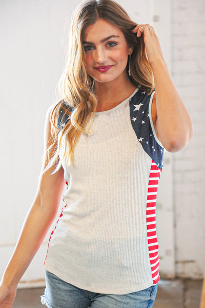 American Patriotic Star Linen Rib Knit Top