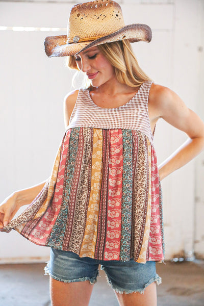 Boho Rayon Two-Tone Baby Doll Back Tie Tank