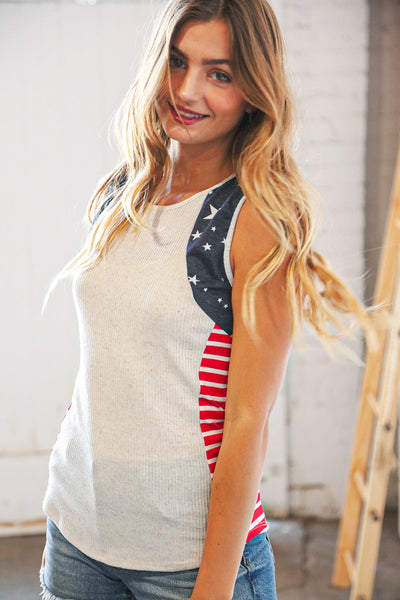 American Patriotic Star Linen Rib Knit Top