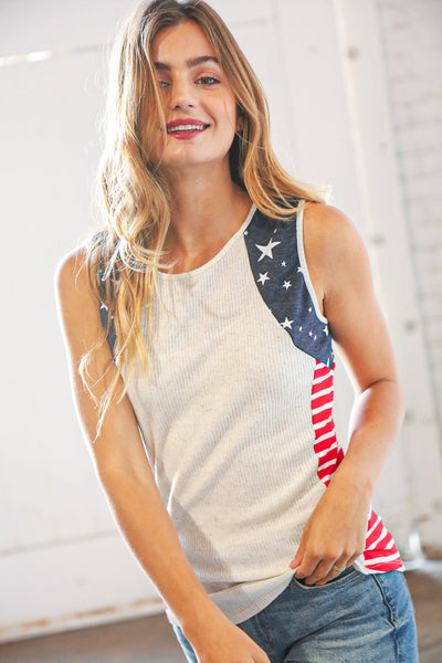 American Patriotic Star Linen Rib Knit Top