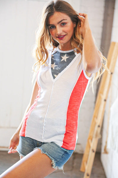 Patriotic Star Print Reverse Stitch Tank Top