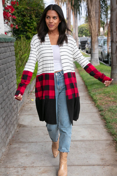 Cashmere-Feel Plaid & Stripe Hacci Duster Cardigan