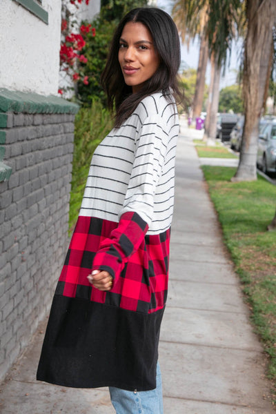 Cashmere-Feel Plaid & Stripe Hacci Duster Cardigan