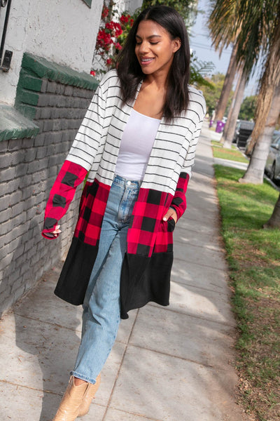 Cashmere-Feel Plaid & Stripe Hacci Duster Cardigan