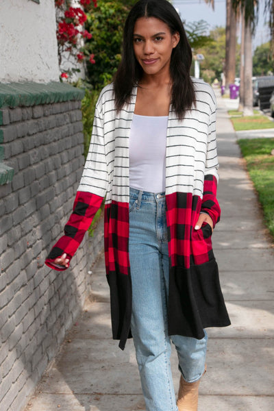 Cashmere-Feel Plaid & Stripe Hacci Duster Cardigan