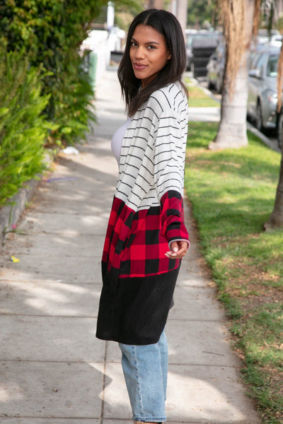 Cashmere-Feel Plaid & Stripe Hacci Duster Cardigan