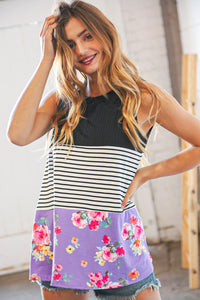 Black/Lavender Sleeveless Rib Stripe Floral Swing Top