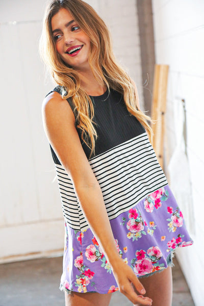 Black/Lavender Sleeveless Rib Stripe Floral Swing Top