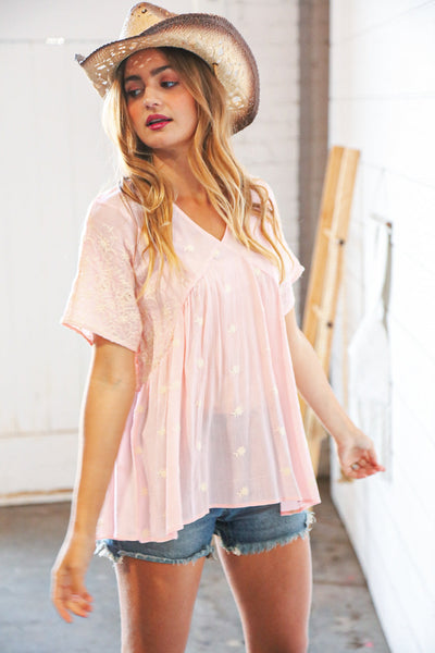 Blush Floral Embroidered Dolman Drop Sleeve Top