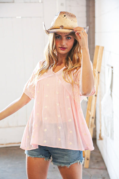 Blush Floral Embroidered Dolman Drop Sleeve Top