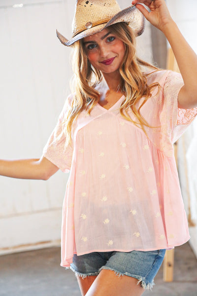 Blush Floral Embroidered Dolman Drop Sleeve Top