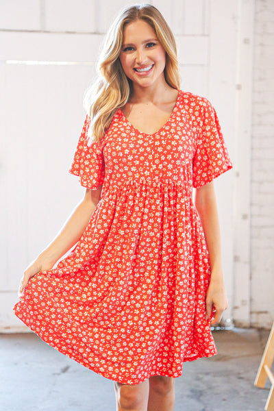 Coral Ditzy Floral V Neck Flutter Sleeve Midi Dress