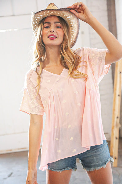 Blush Floral Embroidered Dolman Drop Sleeve Top