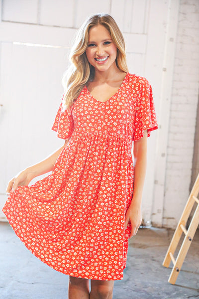 Coral Ditzy Floral V Neck Flutter Sleeve Midi Dress