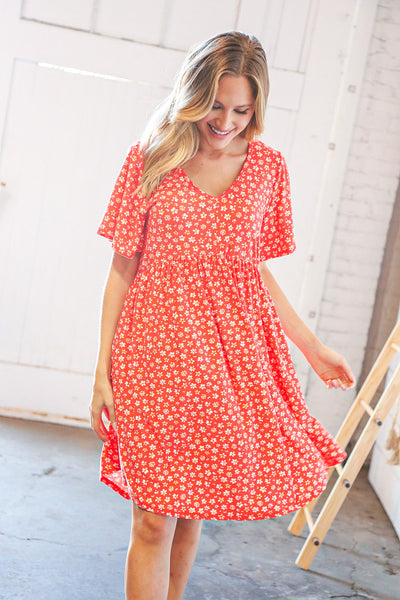 Coral Ditzy Floral V Neck Flutter Sleeve Midi Dress