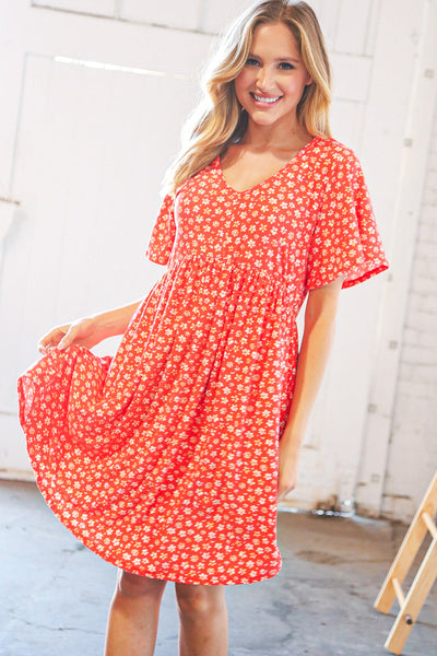 Coral Ditzy Floral V Neck Flutter Sleeve Midi Dress