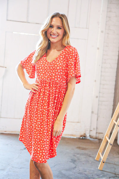 Coral Ditzy Floral V Neck Flutter Sleeve Midi Dress