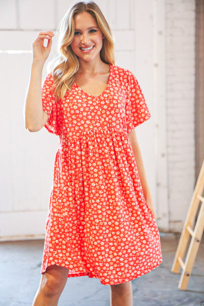 Coral Ditzy Floral V Neck Flutter Sleeve Midi Dress