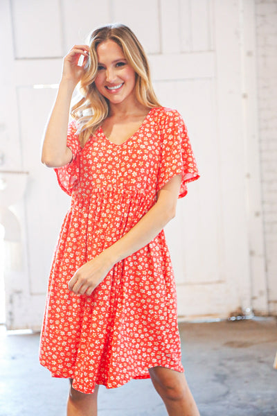 Coral Ditzy Floral V Neck Flutter Sleeve Midi Dress