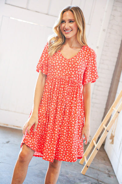 Coral Ditzy Floral V Neck Flutter Sleeve Midi Dress