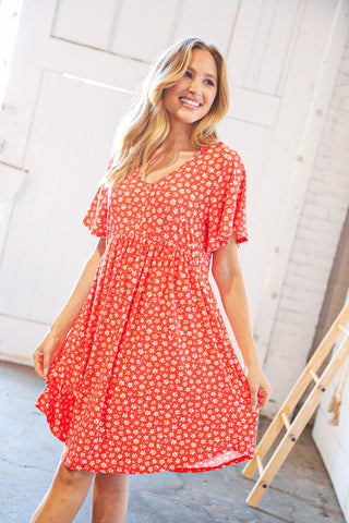 Coral Ditzy Floral V Neck Flutter Sleeve Midi Dress