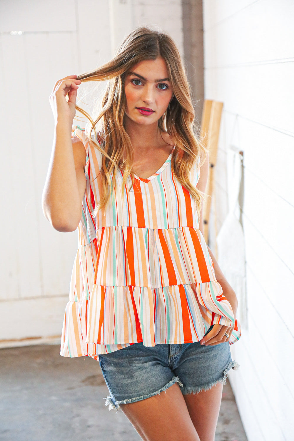 Vertical Stripe Tie Bow Bubble Crepe Top