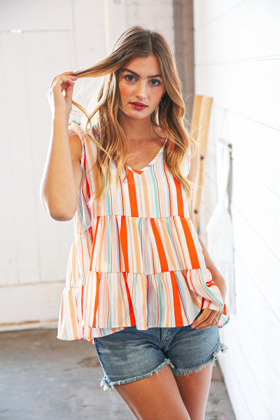 Vertical Stripe Tie Bow Bubble Crepe Top