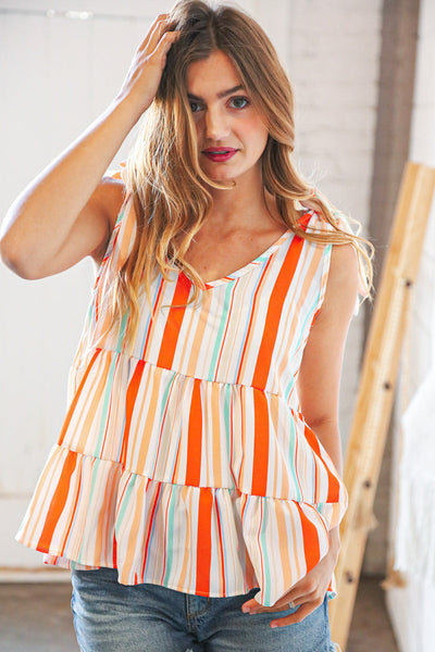 Vertical Stripe Tie Bow Bubble Crepe Top