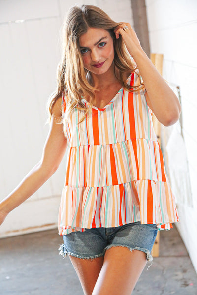 Vertical Stripe Tie Bow Bubble Crepe Top