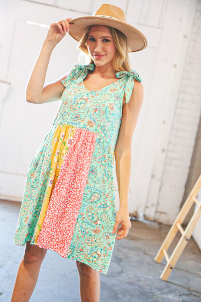 Mint Floral & Leopard Color Block Shoulder Tie Knot Dress