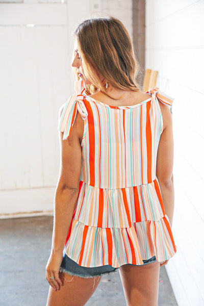 Vertical Stripe Tie Bow Bubble Crepe Top