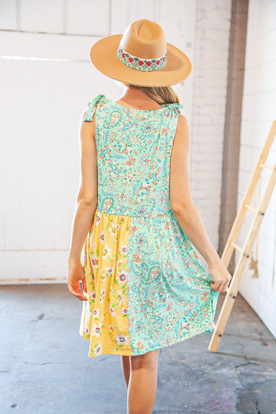 Mint Floral & Leopard Color Block Shoulder Tie Knot Dress