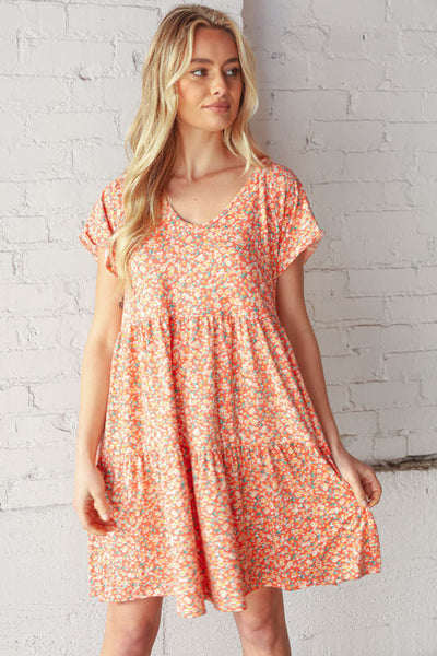 Coral V Neck Flutter Sleeve Swing Tiered Floral Dress