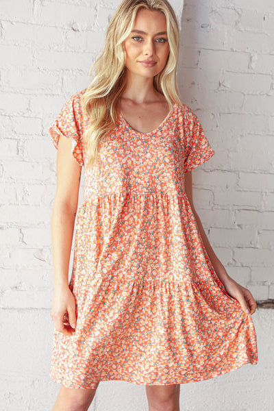 Coral V Neck Flutter Sleeve Swing Tiered Floral Dress