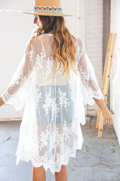 White Mesh Floral Print Open Cover Up Kimono