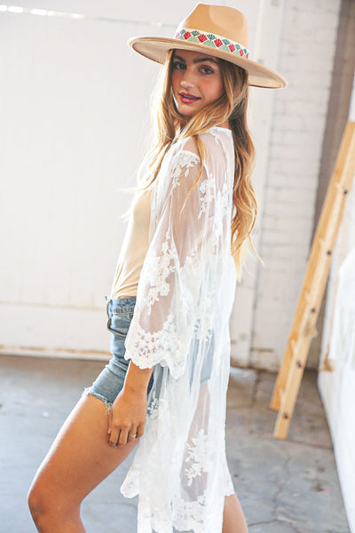 White Mesh Floral Print Open Cover Up Kimono