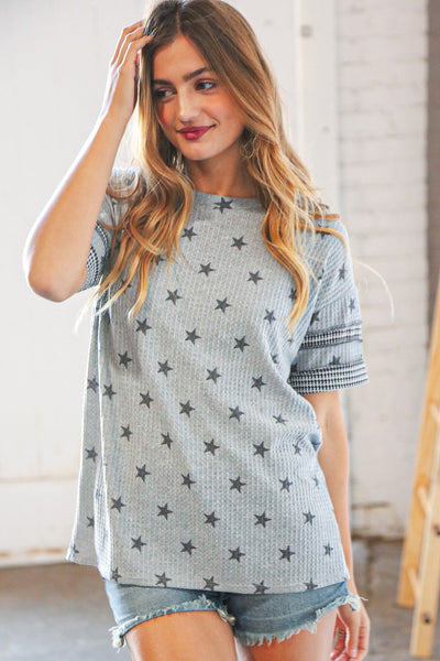 Grey Game Day Star Print Loose Knit Out Seam Top