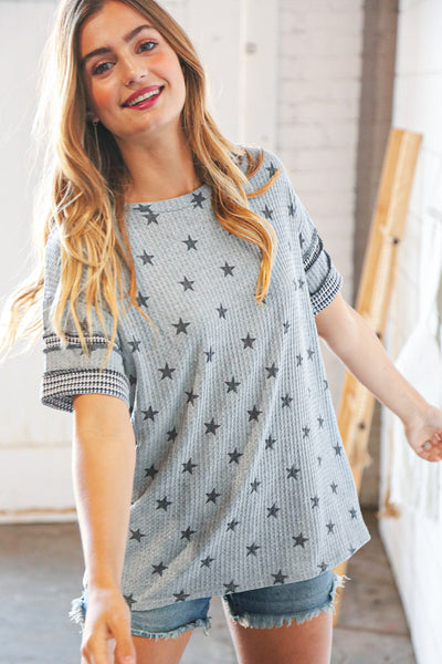 Grey Game Day Star Print Loose Knit Out Seam Top