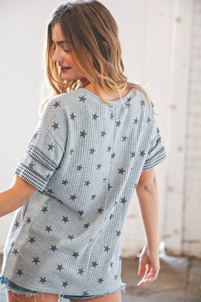 Grey Game Day Star Print Loose Knit Out Seam Top