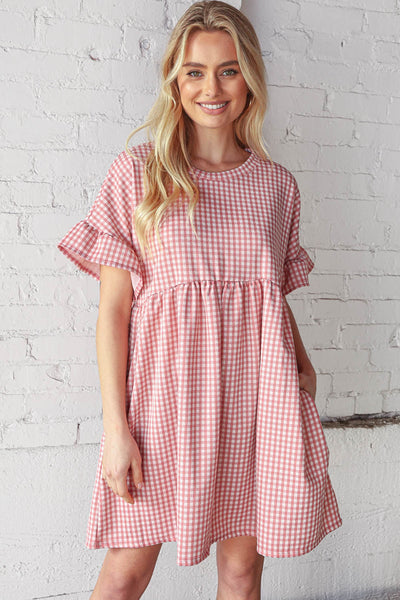 Rose Double Knit Jacquard Plaid Pocketed 3/4 Sleeve Dress