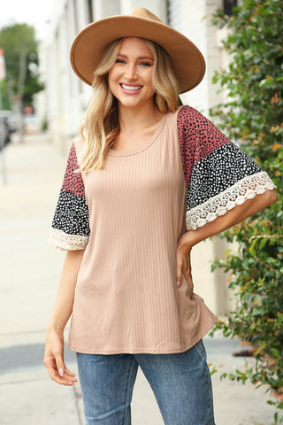 Taupe Leopard Print Crochet Bell Sleeve Ribbed Top