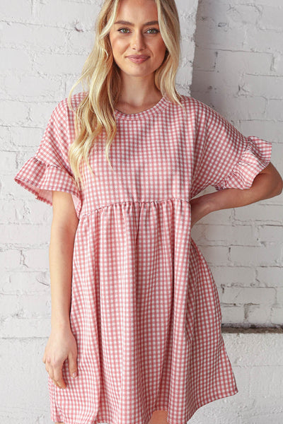 Rose Double Knit Jacquard Plaid Pocketed 3/4 Sleeve Dress